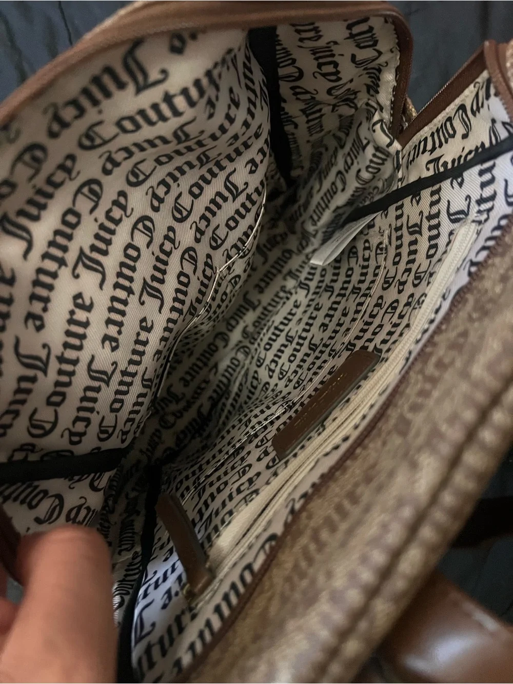 Juicy Couture Brown Monogram Backpack with Gold Chain Accent
